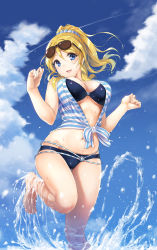 Rule 34 | 10s, 1girl, ayase eli, bikini, blonde hair, blue eyes, breasts, eyewear on head, front-tie top, kitiroku, long hair, looking at viewer, love live!, love live! school idol festival, love live! school idol project, open mouth, partially submerged, ponytail, shiny skin, shirt, skindentation, smile, solo, standing, standing on one leg, sunglasses, swimsuit, tied shirt, water