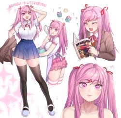 Rule 34 | +++, 1girl, :3, :d, :q, ?, alternate breast size, alternate hair length, alternate hairstyle, alternate height, apron, artist name, black thighhighs, blue skirt, bowl, breasts, brown jacket, collarbone, cropped legs, cupcake, doki doki literature club, english text, fang, fang out, finger to mouth, food, grey jacket, hair ornament, hair ribbon, hairclip, hand on own hip, hand up, highres, holding, holding bowl, holding clothes, holding jacket, jacket, large breasts, laughing, long hair, looking at viewer, manga (object), multiple views, natsuki (doki doki literature club), one-punch man, open mouth, pink eyes, pink hair, pink skirt, pleated skirt, potetos7, reading, red ribbon, ribbon, salute, school uniform, shirt, shoes, short sleeves, sidelocks, simple background, skirt, smile, source quote, sparkle, star (symbol), star in eye, striped clothes, striped thighhighs, symbol in eye, thighhighs, tongue, tongue out, two side up, unworn jacket, uwabaki, whisk, white background, white shirt, zettai ryouiki