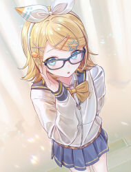 Rule 34 | 1girl, absurdres, adjusting eyewear, aqua eyes, blonde hair, bow, bowtie, collared shirt, commentary, cowboy shot, glasses, grey-framed eyewear, grey skirt, hair bow, hair ornament, hairband, hairclip, highres, indoors, jacket, kagamine rin, light blush, long sleeves, looking at viewer, loose bowtie, parted lips, pleated skirt, sailor collar, shirt, short hair, skirt, solo, star (symbol), star hair ornament, swept bangs, symbol-only commentary, vocaloid, vs0mr, white bow, white hairband, white jacket, white shirt, yellow bow, yellow bowtie, yellow nails