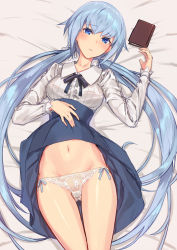Rule 34 | 1girl, blue eyes, blue hair, blue ribbon, blush, book, clothes lift, collarbone, commentary, dress, dress lift, ears visible through hair, frame arms girl, highres, hip focus, lace, lace-trimmed panties, lace trim, lifted by self, long hair, looking at viewer, lying, meme attire, navel, on back, panties, ribbon, shiny skin, side-tie panties, sigm@, solo, stylet, twintails, underwear