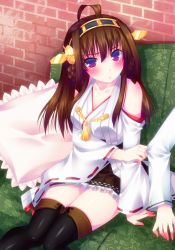 Rule 34 | 10s, 1girl, :&lt;, ahoge, bad id, bad pixiv id, brown hair, clothes grab, couch, detached sleeves, door to heaven, floral print, frilled pillow, frills, green upholstery, hairband, japanese clothes, kantai collection, kongou (kancolle), long hair, nontraditional miko, patterned upholstery, pillow, purple eyes, sitting, sleeve grab, solo focus, tears, thighhighs, wide sleeves, zettai ryouiki