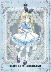 Rule 34 | 1girl, alice (alice in wonderland), alice in wonderland, artist name, blue bow, blue dress, blue eyes, blue footwear, blue ribbon, blush, book, border, bow, character name, collar, crown, dress, emo (mikan), english text, expressionless, frilled cuffs, frilled dress, frilled socks, frills, hair bow, hair ornament, holding, holding book, hugging book, hugging object, lace, lace border, lace trim, blue background, loafers, long hair, ornate border, outside border, petite, puffy short sleeves, puffy sleeves, ribbon, shoes, short sleeves, socks, solo, two-tone dress, white collar, white dress, white hair, white socks, wrist cuffs