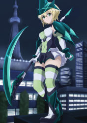 Rule 34 | 10s, 1girl, akatsuki kirika, blonde hair, blurry, blurry background, blush, boots, breasts, building, city, closed mouth, covered navel, depth of field, elbow gloves, full body, gloves, green eyes, green thighhighs, hair between eyes, headgear, highres, holding, holding weapon, looking at viewer, medium breasts, narayu, night, night sky, outdoors, rooftop, scythe, senki zesshou symphogear, short hair, skirt, sky, skyscraper, smile, solo, spire, standing, star (sky), striped clothes, striped thighhighs, thighhighs, tree, weapon