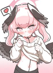 Rule 34 | 1girl, absurdres, alternate costume, black skirt, black wings, blue archive, blush, closed mouth, commentary request, flat chest, halo, head wings, heart, highres, koharu (blue archive), korean commentary, long hair, long sleeves, looking at viewer, navel, pink eyes, pink hair, pink halo, pleated skirt, shoeguy, skirt, solo, spoken heart, sweater, twintails, white sweater, wings