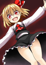 Rule 34 | 1girl, ascot, blonde hair, dress, fangs, frills, from below, gluteal fold, hair ribbon, keyaki chimaki, long sleeves, outstretched arms, red eyes, ribbon, rumia, short hair, smile, touhou