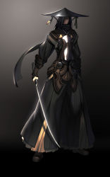 Rule 34 | 10s, 1boy, absurdres, arm guards, asymmetrical bangs, black background, black hair, black hat, blade &amp; soul, full body, gradient background, hair over one eye, hat, hichi, highres, holding, holding sword, holding weapon, japanese clothes, katana, kim hyung tae, long hair, male focus, rice hat, simple background, solo, standing, sword, weapon