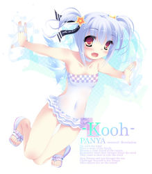 Rule 34 | 1girl, bare shoulders, blue hair, blush, casual one-piece swimsuit, english text, fang, frilled swimsuit, frills, inuneko, kooh, navel, one-piece swimsuit, outstretched arms, pangya, red eyes, sandals, shadow, solo, sparkle, spread arms, swimsuit, thigh gap, thighs, twintails
