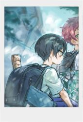 2boys backpack bag black_hair blue_lock border brothers grey_border itoshi_rin itoshi_sae male_focus multiple_boys negairi shirt short_hair short_sleeves siblings white_shirt yaoi