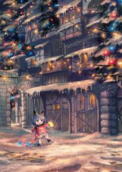 Rule 34 | 1girl, bell, blue hair, blush, brown eyes, chibi, christmas, christmas lights, christmas tree, coat, kouka (mrakano5456), looking away, open mouth, original, red coat, scenery, short hair, signature, smile, snow, snowing, solo