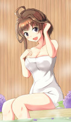 Rule 34 | 10s, 1girl, :d, adjusting hair, ahoge, alternate hairstyle, bad id, bad pixiv id, bare arms, bare legs, bare shoulders, blush, breasts, brown hair, cleavage, collarbone, eyebrows, female focus, flower, tucking hair, hand in own hair, hand on own chest, head tilt, hydrangea, kantai collection, kongou (kancolle), looking at viewer, naked towel, onsen, open mouth, purple eyes, shigure ryuunosuke, shiny skin, short hair, sitting, smile, soaking feet, solo, steam, tareme, towel, water, wooden wall