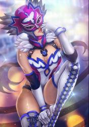 Rule 34 | 1girl, alternate costume, boots, breasts, brown hair, cleavage, commentary request, cross-laced footwear, detached collar, detached sleeves, feather trim, gem, gloves, jaycee (tekken), julia chang, korean commentary, lace-up boots, leotard, lips, lipstick, long hair, looking at viewer, makeup, mask, medium breasts, namco, purple eyes, shiny skin, solo, tekken, tekken tag tournament 2, thigh boots, thighhighs, thighs, tissoya, white footwear, white gloves, wrestling outfit, wrist cuffs
