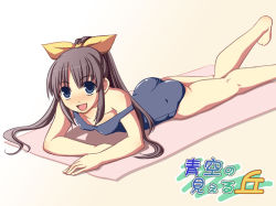 Rule 34 | 1girl, aozora no mieru oka, ass, barefoot, blue eyes, bow, breasts, brown hair, covered erect nipples, lying, nishimura konatsu, on stomach, one-piece swimsuit, school swimsuit, small breasts, solo, swimsuit, yuuji overall