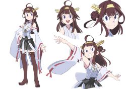 Rule 34 | ahoge, bare shoulders, blue eyes, boots, brown hair, character sheet, cropped torso, detached sleeves, double bun, full body, hair bun, hair ornament, hairband, hand on own hip, headgear, japanese clothes, kantai collection, kongou (kancolle), little witch academia, little witch academia (parody), multiple views, nontraditional miko, open mouth, parody, ribbon-trimmed sleeves, ribbon trim, simple background, skirt, standing, style parody, thigh boots, thighhighs, white background, yuzuruka (bougainvillea), zettai ryouiki