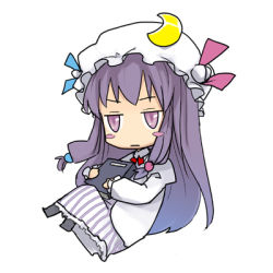 Rule 34 | 1girl, bad id, bad pixiv id, blush stickers, book, bored, chibi, crescent, crescent hair ornament, female focus, hair ornament, hat, kusano houki, long hair, lowres, moon, patchouli knowledge, purple eyes, purple hair, ribbon, solo, touhou