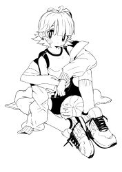 Rule 34 | 1girl, ahoge, arm on knee, ball, bandaid, bandaid on face, bright pupils, closed mouth, expressionless, highres, jacket, jacket partially removed, layered clothes, lineart, looking at viewer, maymay pic, monochrome, multiple piercings, original, shoes, short hair, shorts, simple background, sitting, sneakers, socks, solo, white background, white pupils