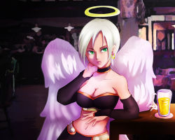 Rule 34 | 1girl, alcohol, angel wings, bar (place), beer, bikini, bikini top only, breasts, bridal gauntlets, choker, cleavage, dragon quest, dragon quest ix, earrings, elbow gloves, gloves, green eyes, halo, izuna88, jewelry, large breasts, level-5, lowres, midriff, raviel, short hair, silver hair, solo, swimsuit, wings