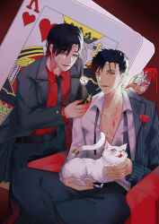 Rule 34 | 2boys, bai qiulin (my house of horrors), belt, black necktie, black pants, blood, blood on chest, blood on face, cat, chair, character request, chen ge, cigarette, dice, doufujintianxianle, formal, gradient hair, king (playing card), king of hearts (playing card), lighter, mouth hold, multicolored hair, multiple boys, my house of horrors, necktie, open clothes, open shirt, pants, pinstripe pattern, pinstripe suit, red eyes, red hair, red shirt, shirt, sitting, smoking, striped, suit, undone necktie