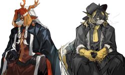 Rule 34 | 2boys, antlers, arknights, belt, black belt, black coat, black hair, black headwear, black pants, blonde hair, braid, cigarette, coat, commentary request, dragon horns, ear piercing, eyewear strap, furry, furry male, furry with furry, gloves, hair over one eye, hat, highres, holding, holding smoking pipe, horns, lee (arknights), long hair, long sleeves, looking away, male focus, multicolored hair, multiple boys, nanataru10, open clothes, open coat, orange hair, pants, piercing, round eyewear, side braids, simple background, sitting, sketch, smoking, smoking pipe, streaked hair, twin braids, wei yenwu (arknights), white background, white hair, yellow gloves