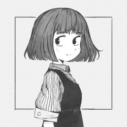 Rule 34 | 1girl, apron, bob cut, freckles, greyscale, highres, light smile, looking to the side, monochrome, orenji (wholesomeorenji), original, rectangle, shirt, short hair, solo, striped clothes, striped shirt