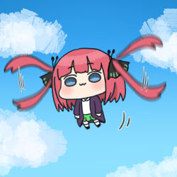 Rule 34 | 1girl, :3, afterimage, akino ell, black footwear, black ribbon, blue eyes, blue sky, blush, cardigan, chibi, chibi only, closed mouth, cloud, collared shirt, day, flying, full body, go-toubun no hanayome, green skirt, hair ribbon, long hair, looking at viewer, motion lines, nakano nino, open cardigan, open clothes, outdoors, pleated skirt, prehensile hair, purple cardigan, red hair, ribbon, school uniform, shirt, shoes, skirt, sky, socks, solo, speed lines, two side up, very long hair, white shirt, white socks