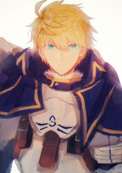 Rule 34 | 1boy, aqua eyes, armor, arthur pendragon (fate), blonde hair, blue cape, breastplate, cape, closed mouth, ebi (6 5), fate/grand order, fate (series), highres, looking at viewer, male focus, serious, short hair, simple background, solo, upper body, white background