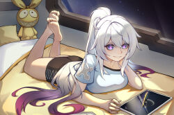 Rule 34 | 1girl, bare legs, barefoot, black shorts, blue eyes, blue shirt, breasts, character doll, collarbone, commentary request, gradient hair, hair between eyes, hair intakes, head rest, high ponytail, highres, homu (honkai impact), honkai: star rail, honkai (series), honkai impact 3rd, indoors, kiana kaslana, kiana kaslana (herrscher of finality), large breasts, long hair, lying, multicolored hair, official alternate costume, official art inset, on bed, on stomach, pillow, purple hair, purple pupils, sekai korekata teki o, shirt, shorts, sidelocks, smile, solo, space, star-shaped pupils, star (symbol), symbol-shaped pupils, tablet pc, the pose, very long hair, white hair