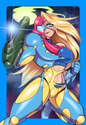 Rule 34 | 1girl, arm blade, arm cannon, armor, blonde hair, blue eyes, crop top, fusion suit, long hair, looking at viewer, metroid, metroid fusion, mike luckas, navel, nintendo, power armor, samus aran, smile, solo, space, stomach, toned, weapon