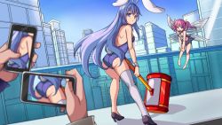 Rule 34 | 2girls, :&lt;, animal ears, ass, bare shoulders, barefoot, bikini, bikini top only, camera, cellphone, city, day, detached collar, erina (rabi-ribi), fairy, fairy wings, from behind, game cg, high heels, knees together feet apart, leaning forward, leotard, long hair, looking back, mini person, minigirl, miniskirt, multiple girls, official art, open mouth, outdoors, phone, pink eyes, pink hair, pointy ears, purple eyes, purple hair, rabbit ears, rabi-ribi, ribbon (rabi-ribi), saiste, shoes, shouting, single thighhigh, skirt, smartphone, swimsuit, tail, thighhighs, twintails, very long hair, white legwear, wings, wrist cuffs