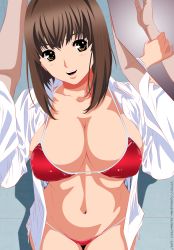 Rule 34 | 1boy, 1girl, against wall, arm grab, artist name, assertive female, bikini, breasts, brown eyes, brown hair, character request, cleavage, flirting, highres, large breasts, navel, open clothes, open mouth, open shirt, pov, red bikini, short hair, smile, swimsuit