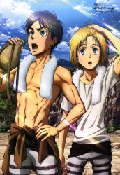 Rule 34 | 2boys, absurdres, armin arlert, black hair, blouse, blue eyes, day, eren yeager, hand in own hair, hand on own hip, highres, male focus, multiple boys, muscular, official art, open mouth, shingeki no kyojin, shirt, short hair, sky, thigh strap, tomita megumi, topless male, towel, towel around neck, white shirt