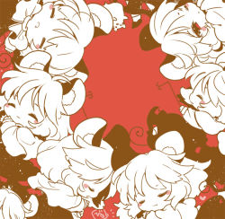 Rule 34 | 6+girls, animal ear fluff, animal ears, artist name, biyon, black dress, capelet, chibi, clone, closed eyes, commentary request, dowsing rod, dress, heart, long sleeves, monochrome, mouse (animal), mouse ears, mouse tail, multiple girls, nazrin, red background, red eyes, shirt, short hair, simple background, tail, touhou, white shirt
