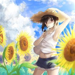 Rule 34 | 1girl, black hair, brown eyes, cloud, cloudy sky, flower, food, groin, hand on headwear, hat, highres, lanthan, original, outdoors, popsicle, short shorts, shorts, sky, solo, straw hat, summer, sunflower