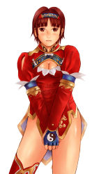 Rule 34 | 1girl, alternate costume, asymmetrical clothes, bottomless, breasts, brown hair, chai xianghua, cleavage, cleavage cutout, clothing cutout, embarrassed, hairband, highres, looking at viewer, mimura kaoru, single thighhigh, solo, soul calibur, soulcalibur, soulcalibur ii, thighhighs