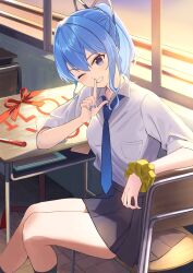 Rule 34 | 1girl, :d, absurdres, black ribbon, black skirt, black socks, blue eyes, blue hair, blue nails, blue necktie, blush, bow, breast pocket, chair, classroom, collared shirt, desk, dot nose, evening, feet out of frame, finger to mouth, from side, grin, hair intakes, hair ribbon, half updo, highres, hololive, hoshimachi suisei, indoors, kneehighs, knees together feet apart, legs, long hair, long sleeves, looking at viewer, manjirou (manji illust), miniskirt, nail polish, necktie, notebook, one eye closed, open mouth, pleated skirt, pocket, ponytail, red bow, ribbon, school desk, scrunchie, shirt, shirt tucked in, sitting, skirt, smile, socks, solo, teeth, virtual youtuber, white shirt, window, wrist scrunchie