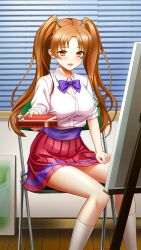 Rule 34 | 1girl, :d, blush, bow, bowtie, box, brown eyes, brown hair, canvas (object), collared shirt, doukyuusei another world, dress shirt, game cg, holding, holding box, indoors, kakyuusei, kanou ryouko, kneehighs, long hair, miniskirt, open mouth, pleated skirt, purple bow, purple bowtie, red skirt, school uniform, shirt, sitting, skirt, smile, socks, solo, twintails, very long hair, white shirt, white socks, wing collar