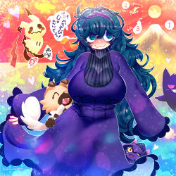 Rule 34 | 1girl, :3, @ @, ahoge, alternate breast size, artist name, black eyes, blue eyes, blue hair, blush, breasts, closed eyes, colored sclera, creatures (company), dog, dress, eggplant, english text, fangs, female focus, game freak, gen 1 pokemon, gen 2 pokemon, gen 4 pokemon, gen 7 pokemon, gengar, hairband, hakkasame, happy, heart, hex maniac (pokemon), ho-oh, japanese text, large breasts, legendary pokemon, long hair, long sleeves, looking to the side, messy hair, mimikyu, mismagius, mountain, nintendo, nose blush, npc trainer, one eye closed, open mouth, poke ball symbol, pokemon, pokemon (creature), pokemon xy, purple dress, purple hairband, red eyes, red sclera, rockruff, smile, speech bubble, stick, sweat, tears, teeth, translation request, turtleneck, turtleneck dress, twitter username, wavy mouth, wink, yellow sclera