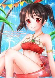Rule 34 | 1girl, absurdres, artist name, artist request, bare arms, bare shoulders, beach, bikini, black hair, blue sky, blush, bow, cloud, cloudy sky, collarbone, day, female focus, frilled bikini, frills, green ribbon, hair ribbon, highres, innertube, kneeling, love live!, love live! school idol festival, love live! school idol project, navel, outdoors, parted lips, polka dot, polka dot ribbon, red bow, red eyes, red footwear, red ribbon, ribbon, sidelocks, sky, smile, solo, sweat, swim ring, swimsuit, twintails, water, yazawa nico