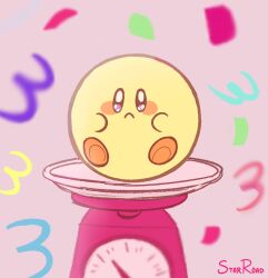 Rule 34 | artist name, blush stickers, colored skin, confetti, full body, highres, kirby, kirby&#039;s dream buffet, kirby (series), nintendo, no humans, pink background, sad, signature, solid oval eyes, solo, starroad, twitter username, weighing scale, yellow skin
