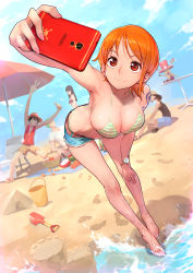 Rule 34 | 2girls, 4boys, absurdres, arm up, bare legs, barefoot, beach, beach umbrella, bent over, bikini, blue sky, breasts, cellphone, cleavage, closed mouth, collarbone, day, dutch angle, food, footprints, foreshortening, fruit, full body, gorgeous mushroom, grin, halterneck, hand on own thigh, highres, holding, holding phone, large breasts, leaning forward, monkey d. luffy, multiple boys, multiple girls, nami (one piece), nico robin, nipples, one piece, orange hair, outdoors, phone, red eyes, roronoa zoro, sand castle, sand sculpture, see-through, selfie, short hair, short shorts, shorts, sitting, sky, smartphone, smile, solo focus, standing, string bikini, striped bikini, striped clothes, swimsuit, tattoo, thumbs up, tony tony chopper, umbrella, usopp, v, watermelon, wet, wristband