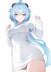 Rule 34 | 1girl, ahoge, alternate costume, blue hair, blush, breasts, clenched teeth, covered navel, cowboy shot, dress, from below, ganyu (genshin impact), genshin impact, goat horns, hair between eyes, hands up, highres, horns, hyoin, long hair, looking at viewer, medium breasts, purple eyes, sidelocks, simple background, solo, sweater, sweater dress, taut sweater, teeth, white background, white sweater