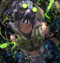Rule 34 | 1boy, abs, apex legends, arm strap, arm tattoo, black headwear, black shirt, blurry, blurry background, cable, commentary, cropped vest, english commentary, glowing, goggles, green vest, grey shorts, head tilt, highres, kawaniwa, liquid, looking at viewer, male focus, mask, mole, mole on neck, mouth mask, navel, octane (apex legends), portrait, realistic, shirt, shorts, solo, tattoo, vest, vial, weapon, weapon on back