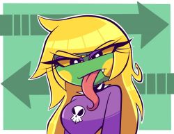 Rule 34 | 1girl, :/, annoyed, arms at sides, arrow (symbol), blonde hair, blush stickers, breasts, bright pupils, collar, colored sclera, eyes visible through hair, eyeshadow, fang, fang out, flipped hair, green background, long hair, long tongue, looking at viewer, nelljoestar, original, outline, outside border, print shirt, purple collar, purple eyes, purple eyeshadow, purple shirt, shirt, skull, skull print, solo, spiked collar, spikes, tongue, tongue out, upper body, very long hair, white outline, white pupils, yellow background, yellow sclera