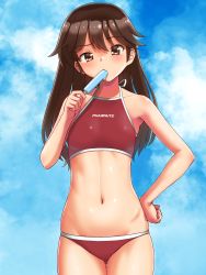 Rule 34 | 1girl, alternate hairstyle, bikini, blush, brown eyes, brown hair, cloud, day, flat chest, food, food in mouth, gluteal fold, hair down, hand on own hip, highres, hip bones, holding, holding food, kantai collection, long hair, navel, outdoors, popsicle, red bikini, ryuujou (kancolle), sky, solo, swimsuit, tussy