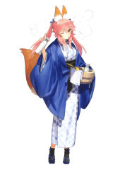 Rule 34 | absurdres, animal ears, fate/extra, fate/grand order, fate (series), fox ears, fox tail, full body, highres, japanese clothes, kimono, long hair, official art, one eye closed, pink hair, simple background, solo, tail, tamamo , tamamo no mae (fate/extra), wada arco, yellow eyes, yukata
