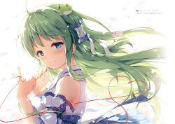 Rule 34 | 1girl, absurdres, ahoge, bare shoulders, blue eyes, blush, cherry blossoms, closed mouth, fingernails, frog hair ornament, from side, green eyes, hair ornament, hair tubes, hands up, highres, kochiya sanae, long hair, miyase mahiro, petals, smile, snake hair ornament, string, string of fate, touhou, upper body