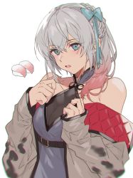 Rule 34 | 1girl, aogisa, aqua eyes, bad id, bad pixiv id, bare shoulders, belt, blue dress, blush, bow, braid, breasts, chromatic aberration, cleavage, dress, girls&#039; frontline, grey hair, grey jacket, hair bow, hair ornament, highres, jacket, long hair, looking at viewer, lwmmg (girls&#039; frontline), lwmmg (golden starthistle) (girls&#039; frontline), official alternate costume, open mouth, solo, standing, white background