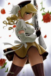 Rule 34 | 10s, 1girl, beret, blonde hair, blurry, breasts, corset, cowboy shot, depth of field, detached sleeves, drill hair, fingerless gloves, flower, from behind, gloves, gun, hair ornament, hat, light smile, long hair, looking back, magical girl, magical musket, mahou shoujo madoka magica, mahou shoujo madoka magica (anime), panties, puffy sleeves, rose, shingyouji tatsuya, skirt, solo, striped clothes, striped thighhighs, thighhighs, tomoe mami, twin drills, twintails, underwear, vertical-striped clothes, vertical-striped thighhighs, weapon, yellow eyes