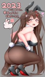 Rule 34 | 1girl, 2023, animal ears, ass, back, black footwear, black gloves, black leotard, blush, bow, bowtie, breasts, brown eyes, brown hair, bwell, chinese zodiac, commentary request, detached collar, fake animal ears, fake tail, fishnet pantyhose, fishnets, full body, gloves, hair ornament, heart, heart-shaped pupils, heart hair ornament, high heels, highres, large breasts, leotard, long hair, looking at viewer, looking back, open mouth, original, pantyhose, pinup (style), playboy bunny, rabbit, rabbit ears, rabbit tail, red soles, shoes, sideboob, smile, solo, squatting, strapless, strapless leotard, symbol-shaped pupils, tail, translation request, twintails, very long hair, wrist cuffs, year of the rabbit