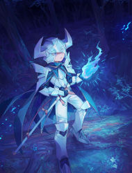 Rule 34 | 1other, androgynous, armor, bad id, bad pixiv id, blue cape, blue eyes, blue fire, blue theme, boots, breastplate, cape, fake horns, fire, forest, gloves, helmet, highres, holding, holding sword, holding weapon, horned helmet, horns, knight (shichigatsu), armored boots, nature, original, pants, parted lips, pauldrons, shichigatsu, shoulder armor, solo, standing, sword, weapon, white pants