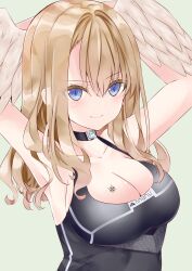Rule 34 | 1girl, armpits, arms behind head, arms up, bare arms, bare shoulders, black camisole, blue eyes, breasts, brown hair, camisole, cleavage, closed mouth, eunie (xenoblade), feathered wings, green background, hair between eyes, head wings, highres, long hair, looking at viewer, medium breasts, nanase nao, simple background, smile, solo, white wings, wings, xenoblade chronicles (series), xenoblade chronicles 3